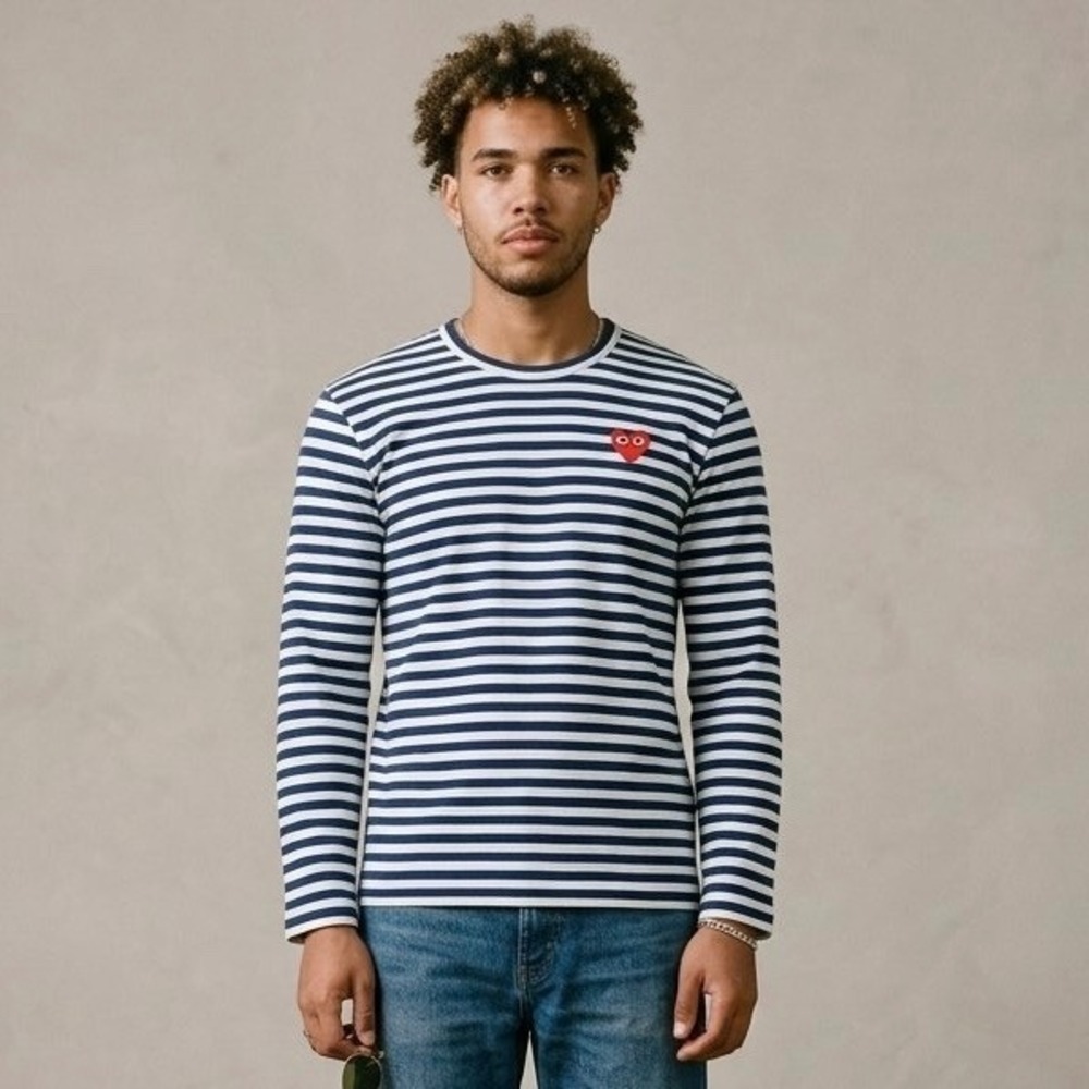 Comme des Garcons Play Striped Long Sleeve T-Shirt Navy White Red Heart Size XL
